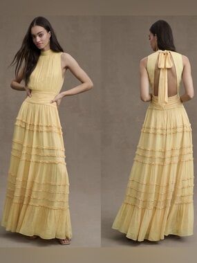 BHLDN Juniper Metallic Tiered Gown Backless High Neck Size 8